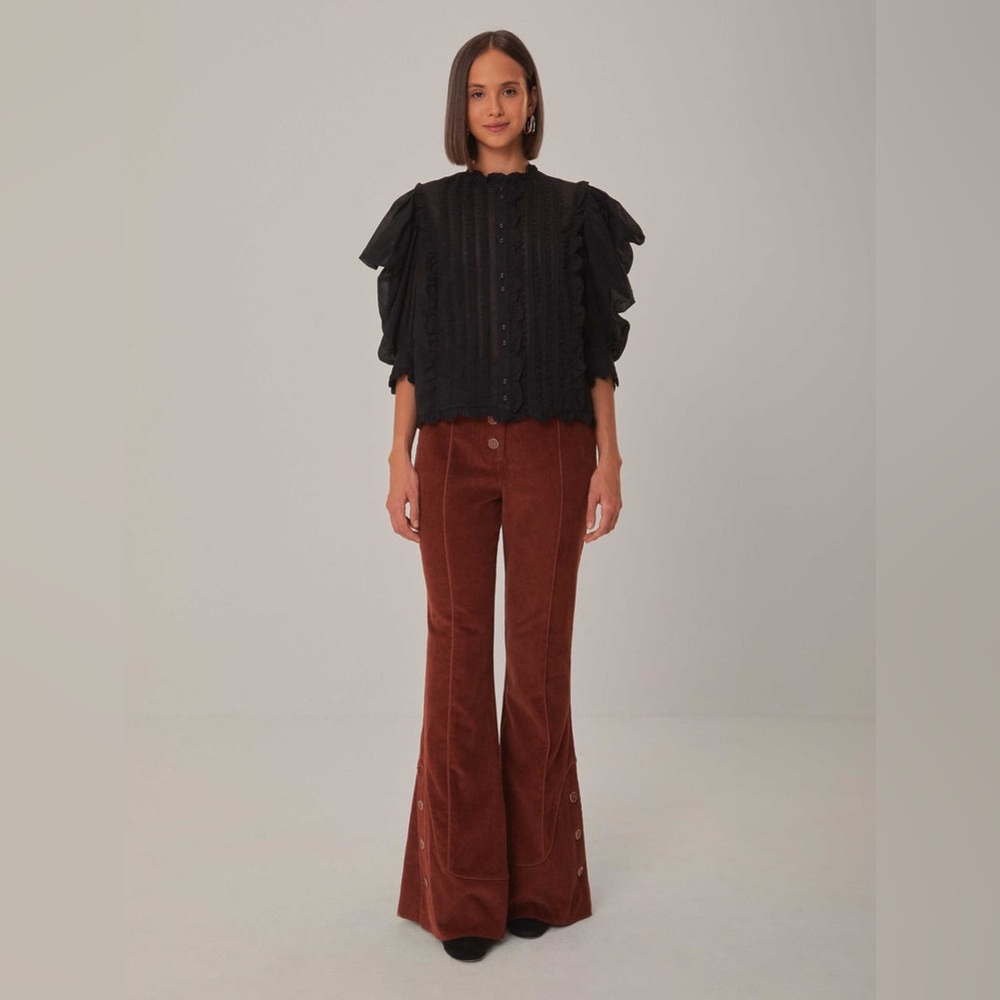 FARM Rio NWT Brown Corduroy High Waist Flare Pants Small Embroidered Retro Boho